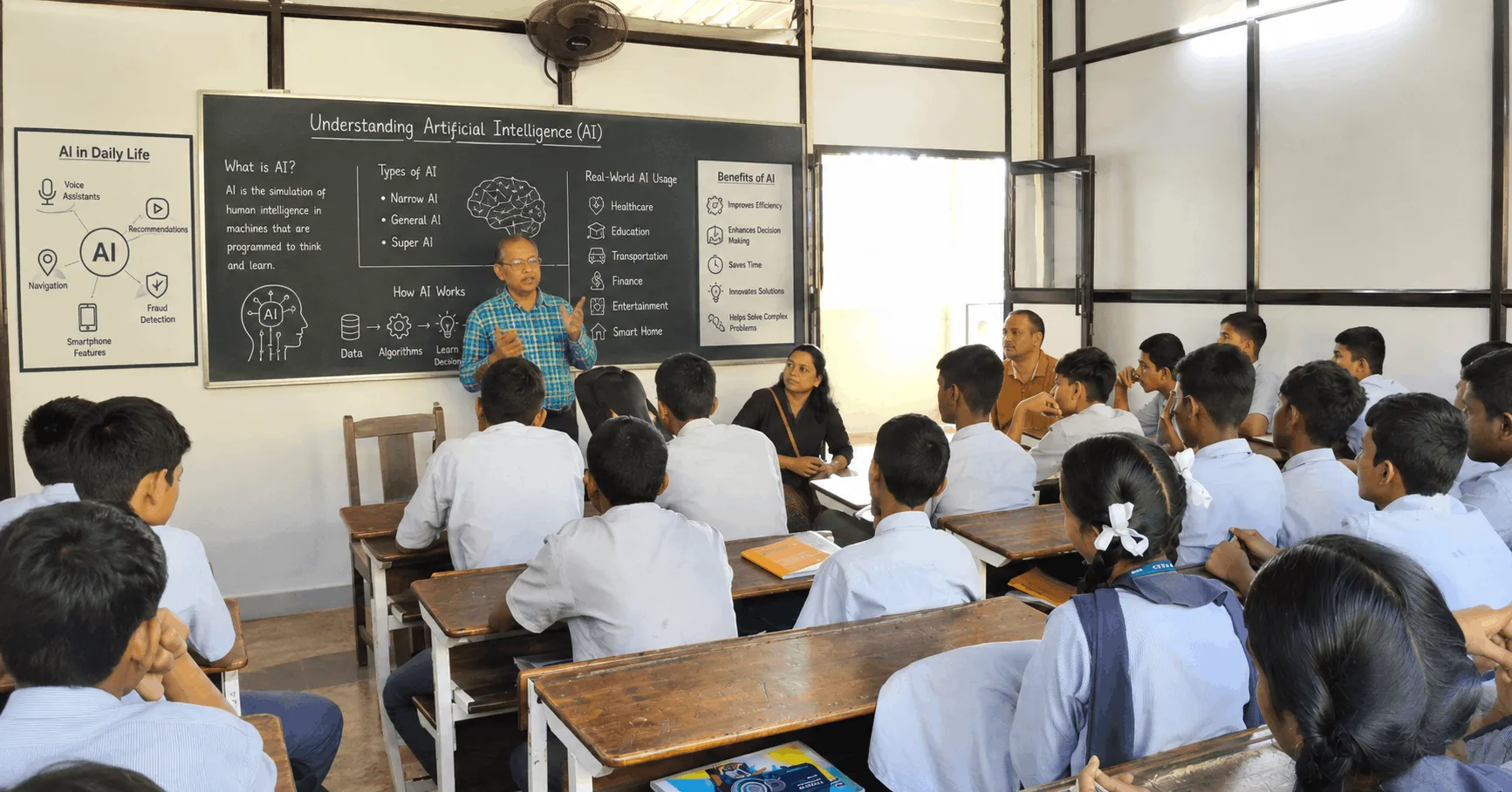 Teacher explaining artificial intelligence concepts to students in a classroom
