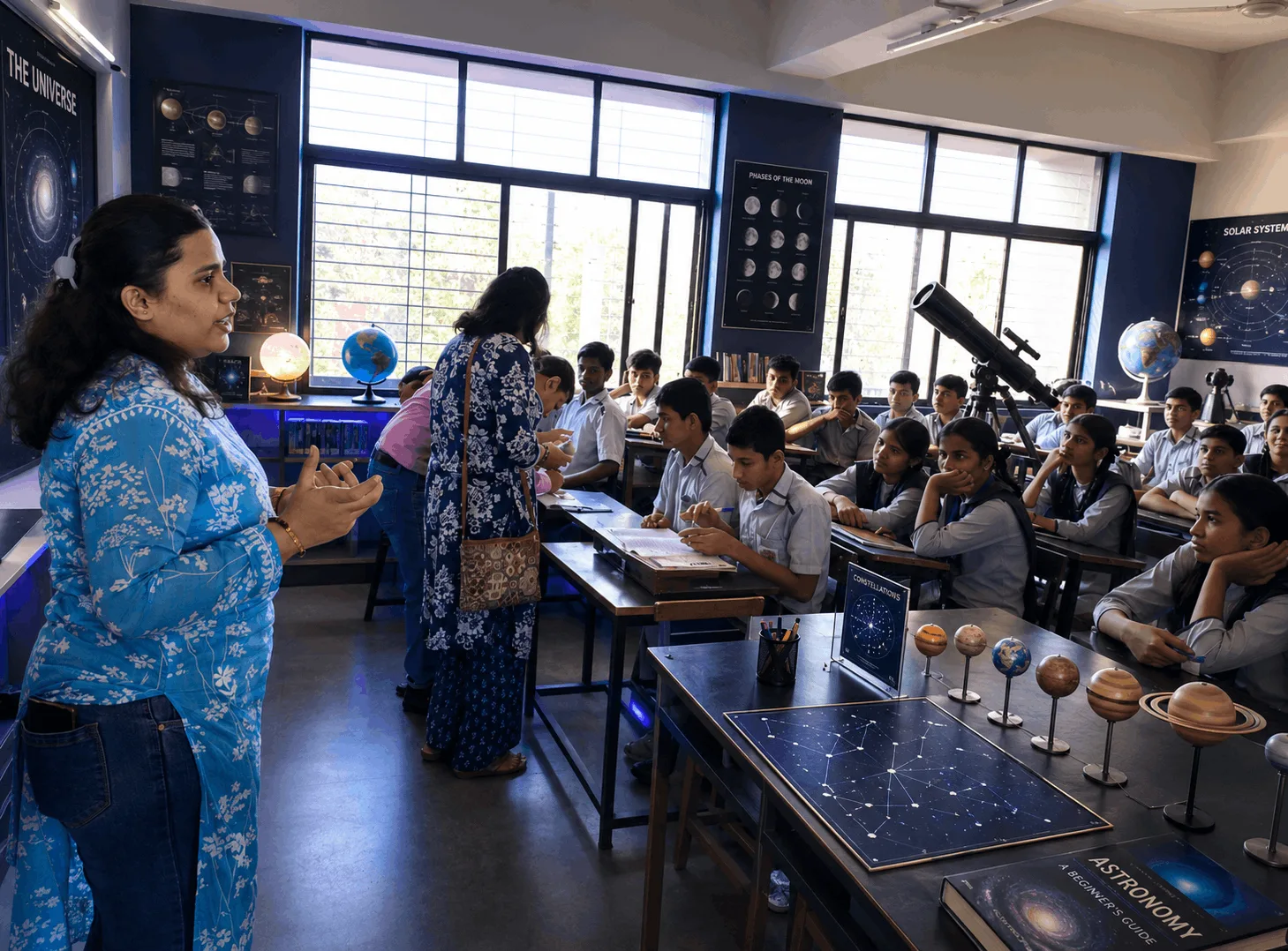 Teacher leading an astronomy lab session with telescope, globes and planet models