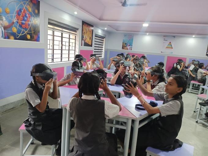 Students wearing VR headsets in an immersive educational lab environment