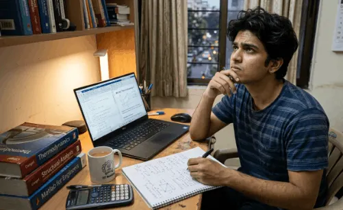 Student practising problems at a study desk with a laptop and notes