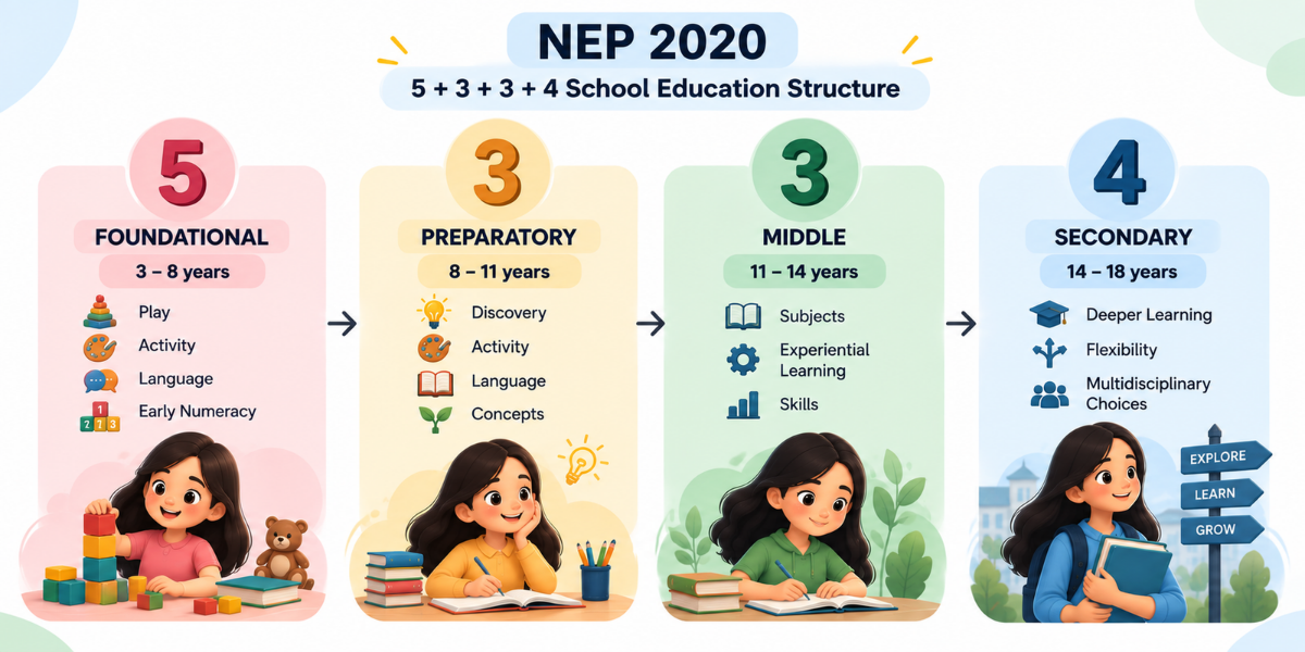 NEP 2020 5+3+3+4 school education structure with four developmental stages