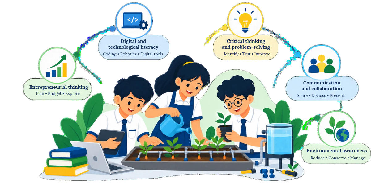 Students building an irrigation model to develop digital literacy, critical thinking, communication, entrepreneurial thinking, and environmental awareness.
